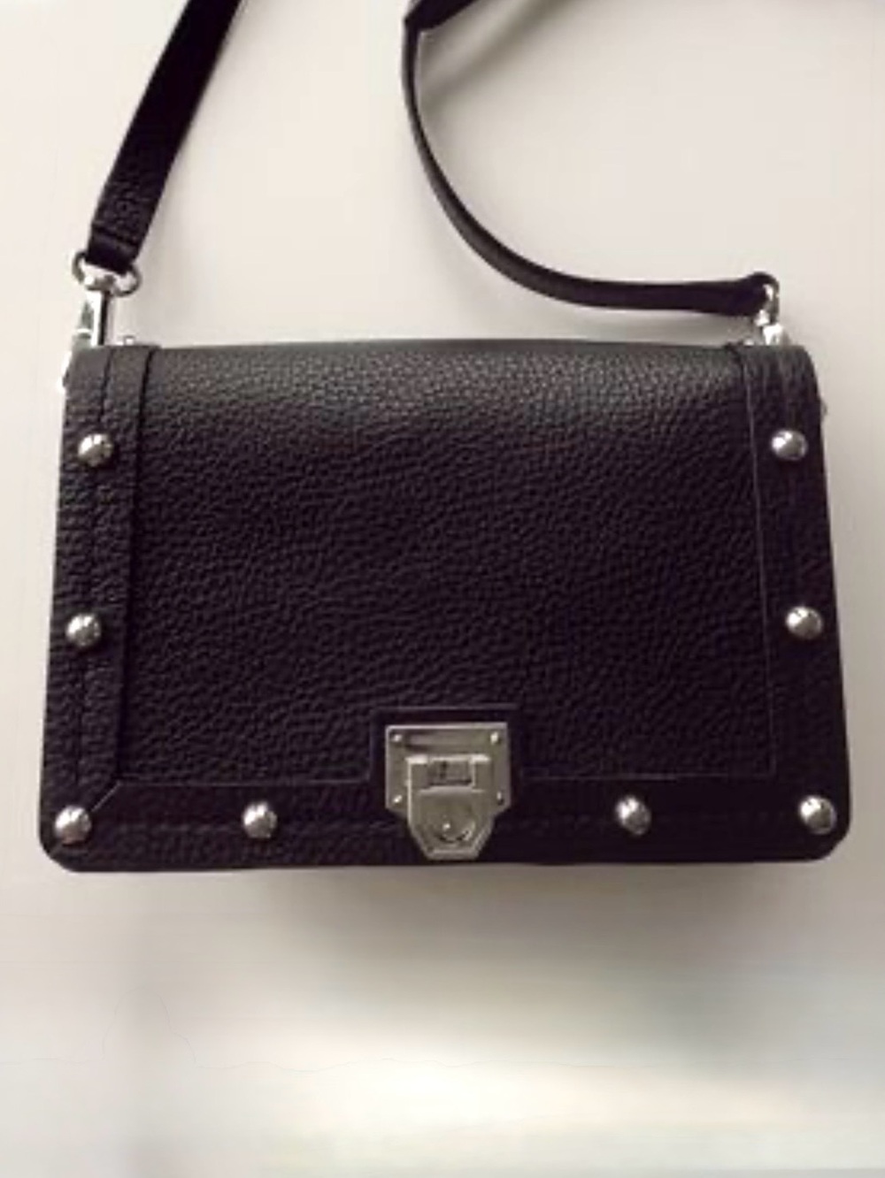 REBECCA MINKOFF, Madison Silver Studded Crossbody Bag in Black Leather, EUC